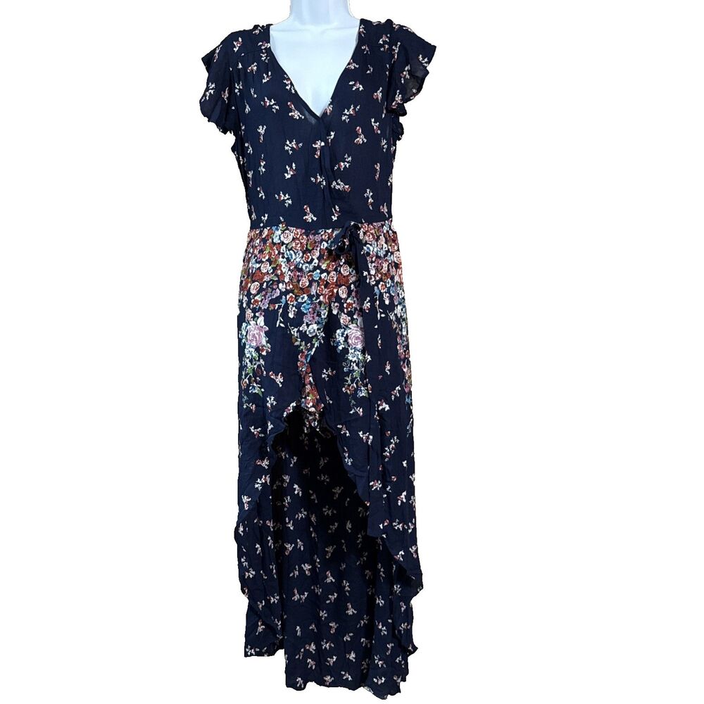 Angie Bohemian Faux Wrap Dress Sz M Split Front with Shorts Blue Floral